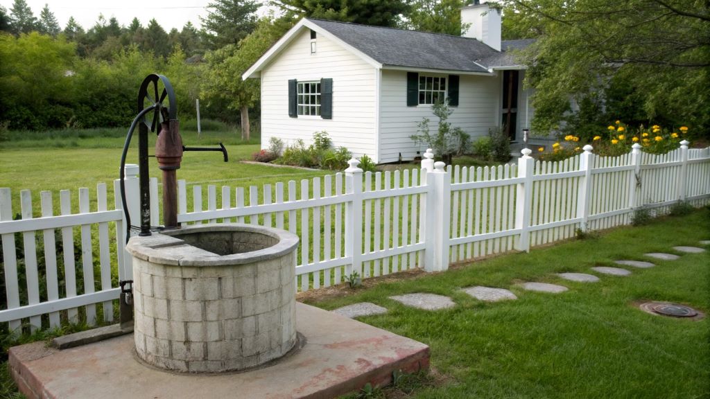 Illustration of a water well on residential property, symbolizing investigation into whether adding a well increases home value
