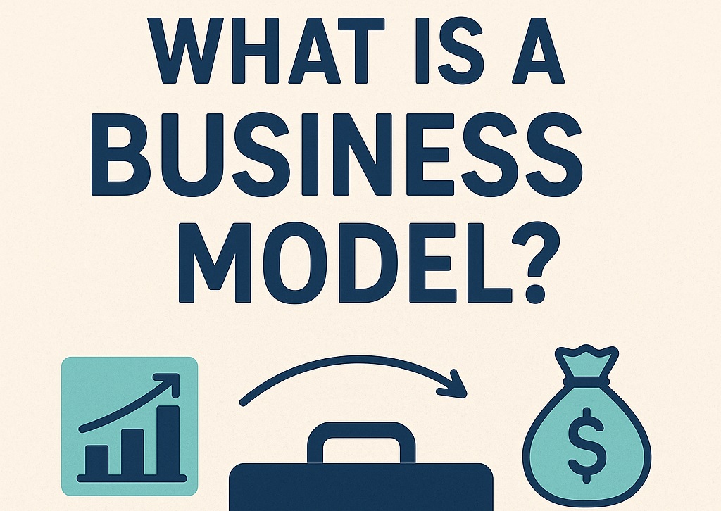Illustration representing the concept of a business model, showing elements like value proposition, customers, revenue streams, and key activities