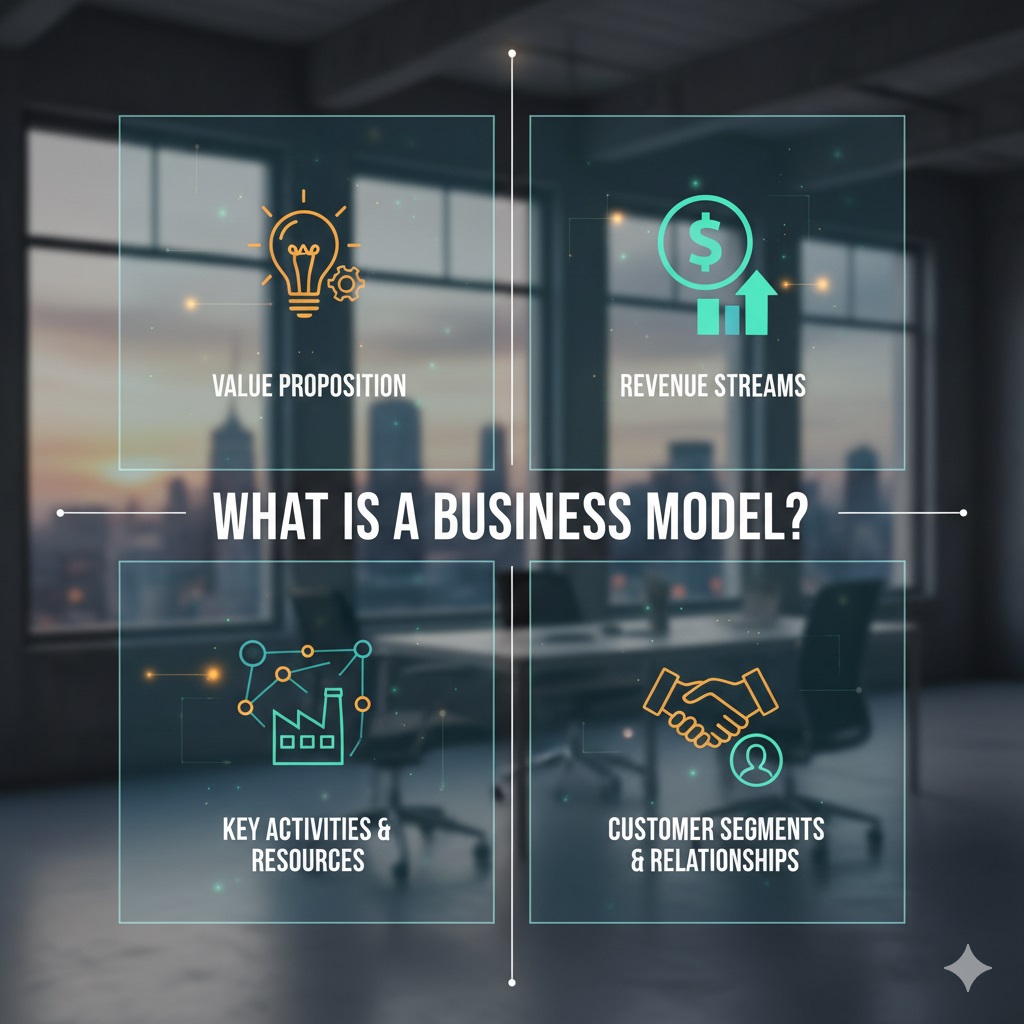 Illustration of a business strategy concept showing entrepreneurs planning a business model with charts, graphs, and flow diagrams, symbolizing the foundation every entrepreneur needs to build a successful business.