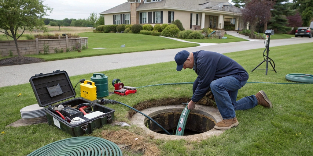Diagram illustrating the components of a septic system and the benefits of regular maintenance, such as avoiding costly pump-outs and drain field replacements.