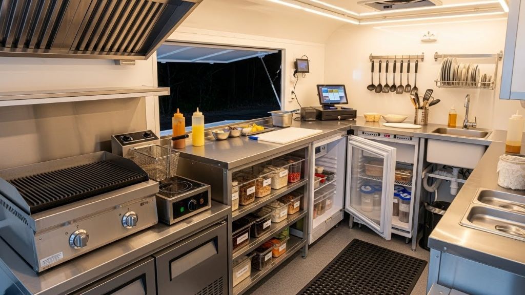 Organized food truck interior showing streamlined workflow setup for single person operation