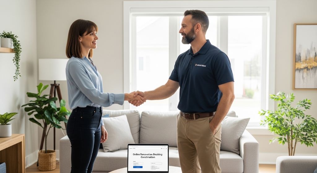 Homeowner shaking hands with contractor after booking a renovation project online