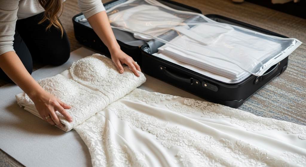 Delicate wedding gown packed safely in carry on luggage