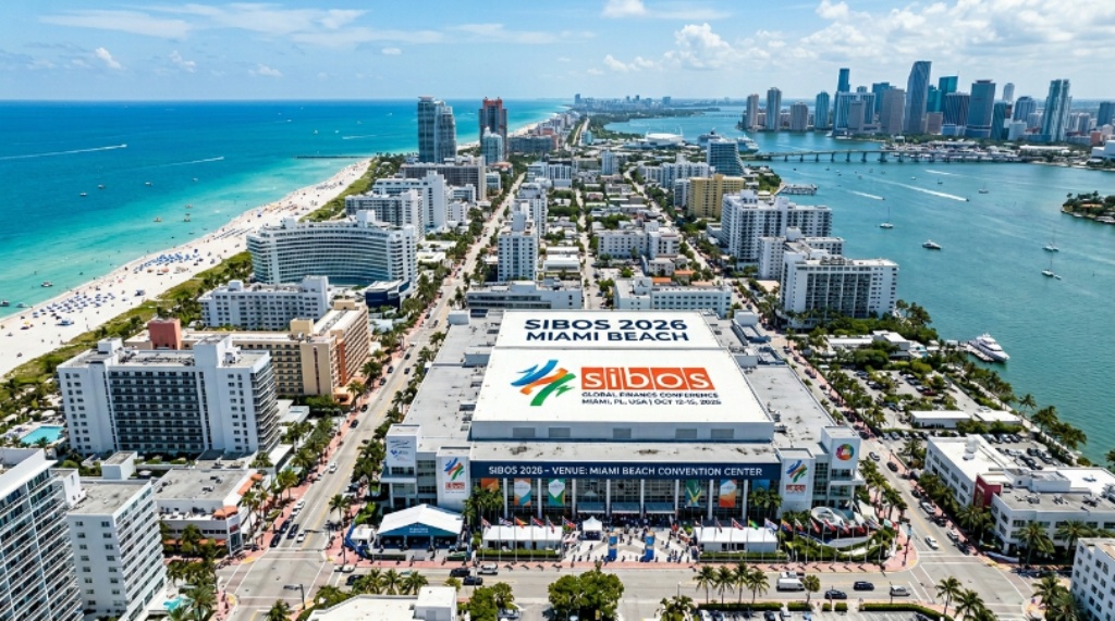 Aerial view of Miami Beach skyline representing Sibos 2026 global finance conference venue