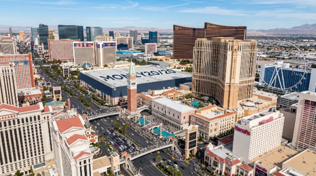 Aerial view of The Venetian Resort and Expo in Las Vegas during Money20/20 USA 2026 conference week in October, showing nearby Strip hotels