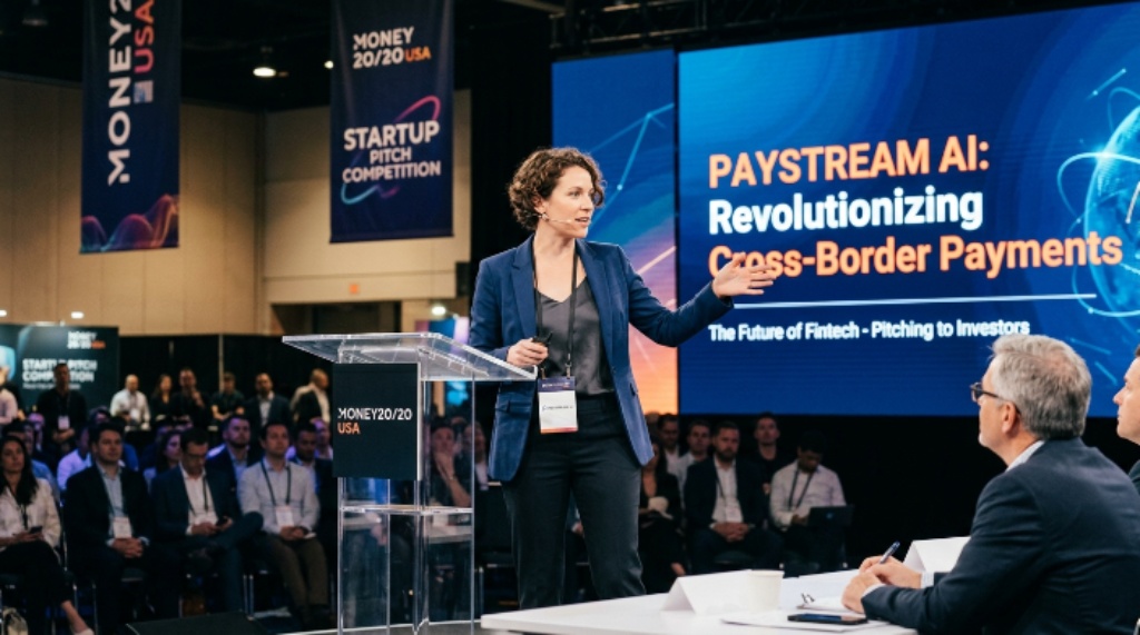 Fintech startup founder pitching at Money20/20 USA investor competition