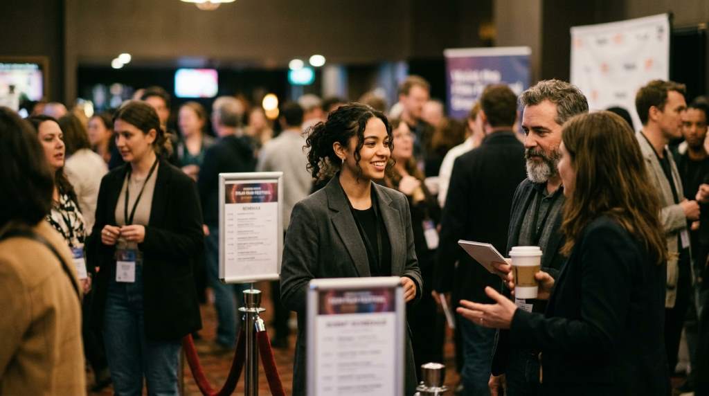 Entertainment professional exchanging business cards at a networking event