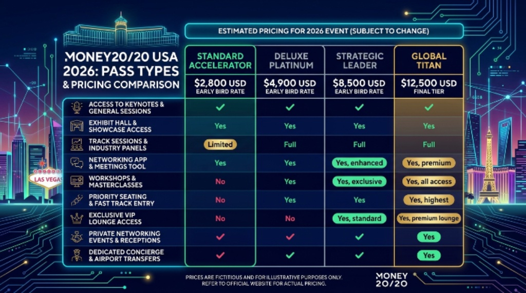 Money20/20 USA 2026 pass types and pricing comparison chart
