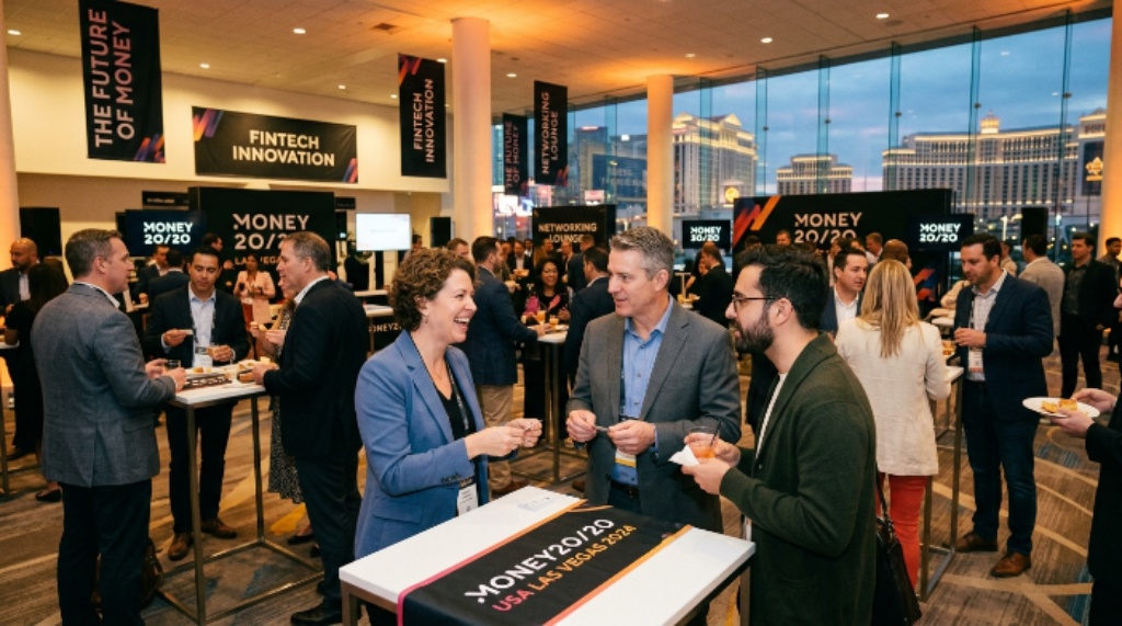 Fintech professionals networking at Money20/20 USA conference in Las Vegas