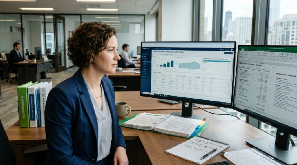 A compliance officer monitoring SEC reporting requirements and GAAP-compliant financial statements on a real estate investment management platform in the United States