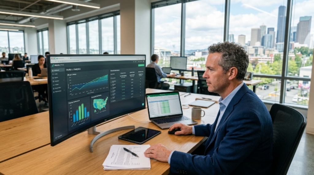 A real estate investment manager reviewing AI-powered portfolio analytics and waterfall distribution reports on a cloud-based software dashboard in a US office