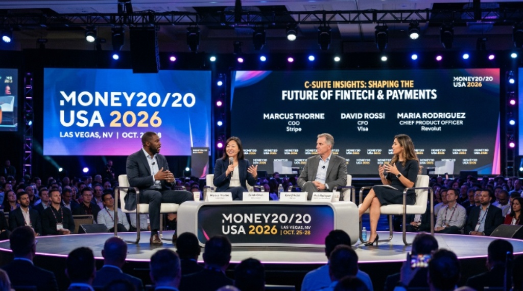 A panel of C-suite fintech and payments leaders speaking on stage at Money20/20 USA 2026 in Las Vegas, Nevada