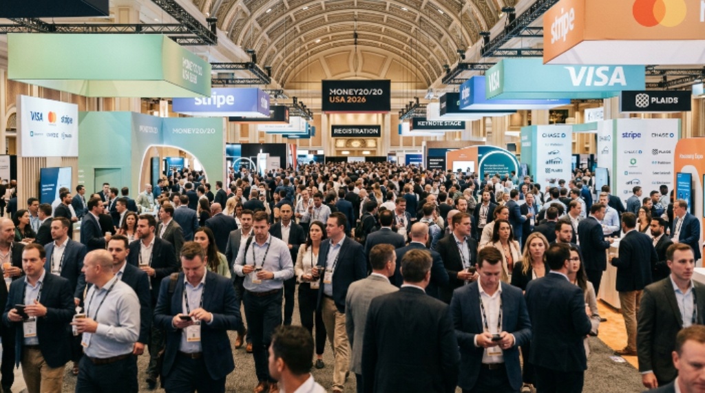 Thousands of fintech and banking professionals networking on the expo floor at Money20/20 USA 2026 at The Venetian Resort in Las Vegas