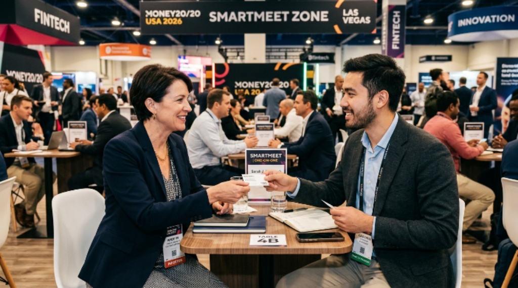 A startup founder and investor exchanging business cards during a SmartMeet curated one-on-one meeting at Money20/20 USA 2026 in Las Vegas