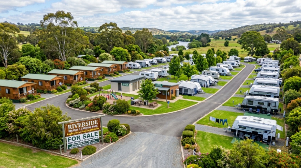 A well-maintained caravan and camping park with powered sites, cabin accommodation, and green landscaping available for sale in a regional tourism area
