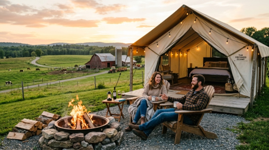 A couple relaxing at a glamping tent campsite on a working farm with open fields and a fire pit in rural USA