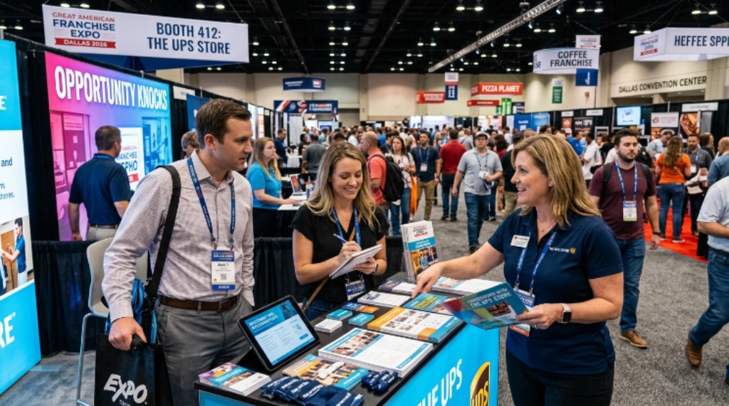 Visitors speaking with franchise representatives at the Great American Franchise Expo Dallas 2026 exhibition floor
