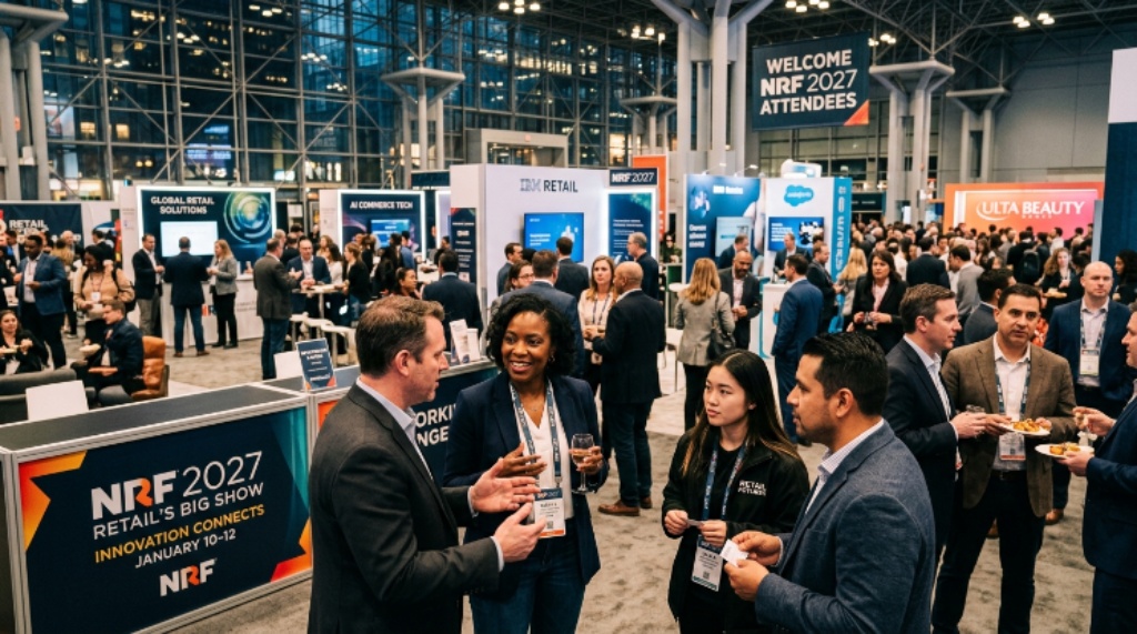 Retail professionals networking and exploring exhibitor booths at NRF 2027 in New York City