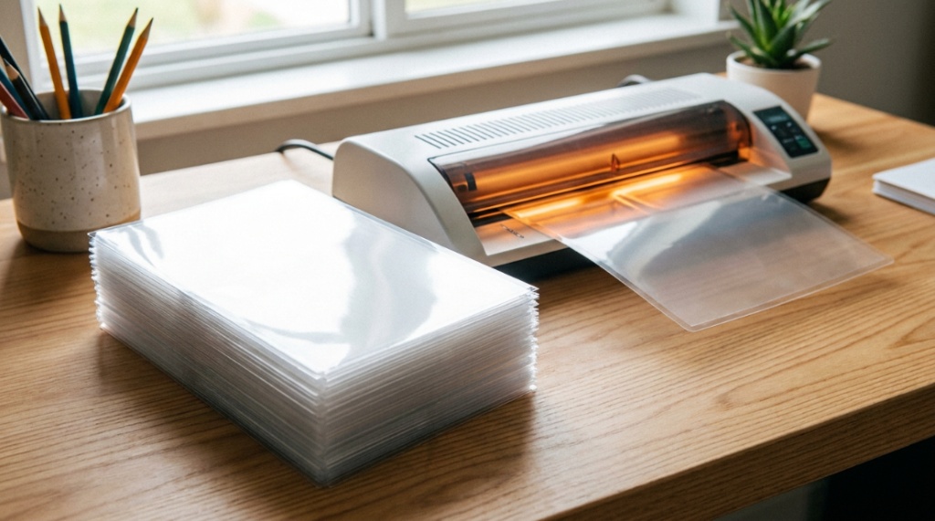 Hands inserting a document pouch into a hot laminating machine.