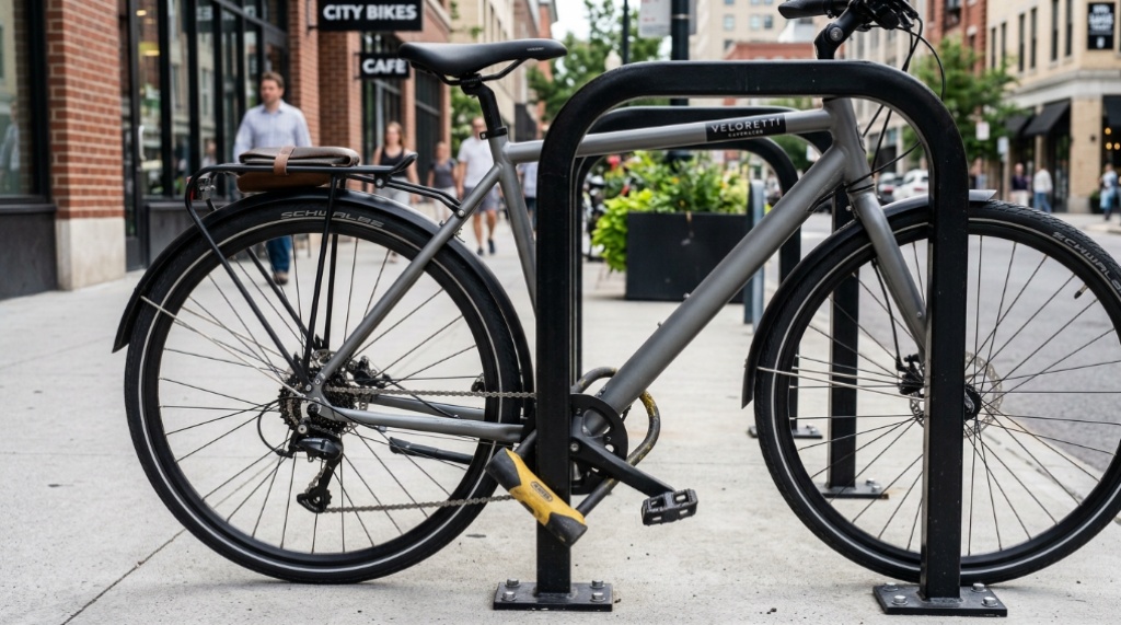 Hands securing a bicycle frame and wheel with a U-lock.