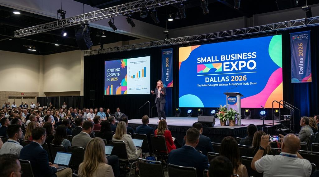 Keynote speaker presenting at Small Business Expo Dallas 2026 conference stage