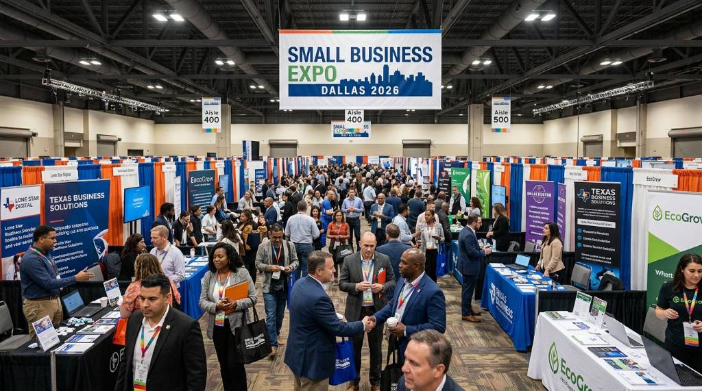 Small Business Expo Dallas 2026 event floor with exhibitor booths and attendees networking